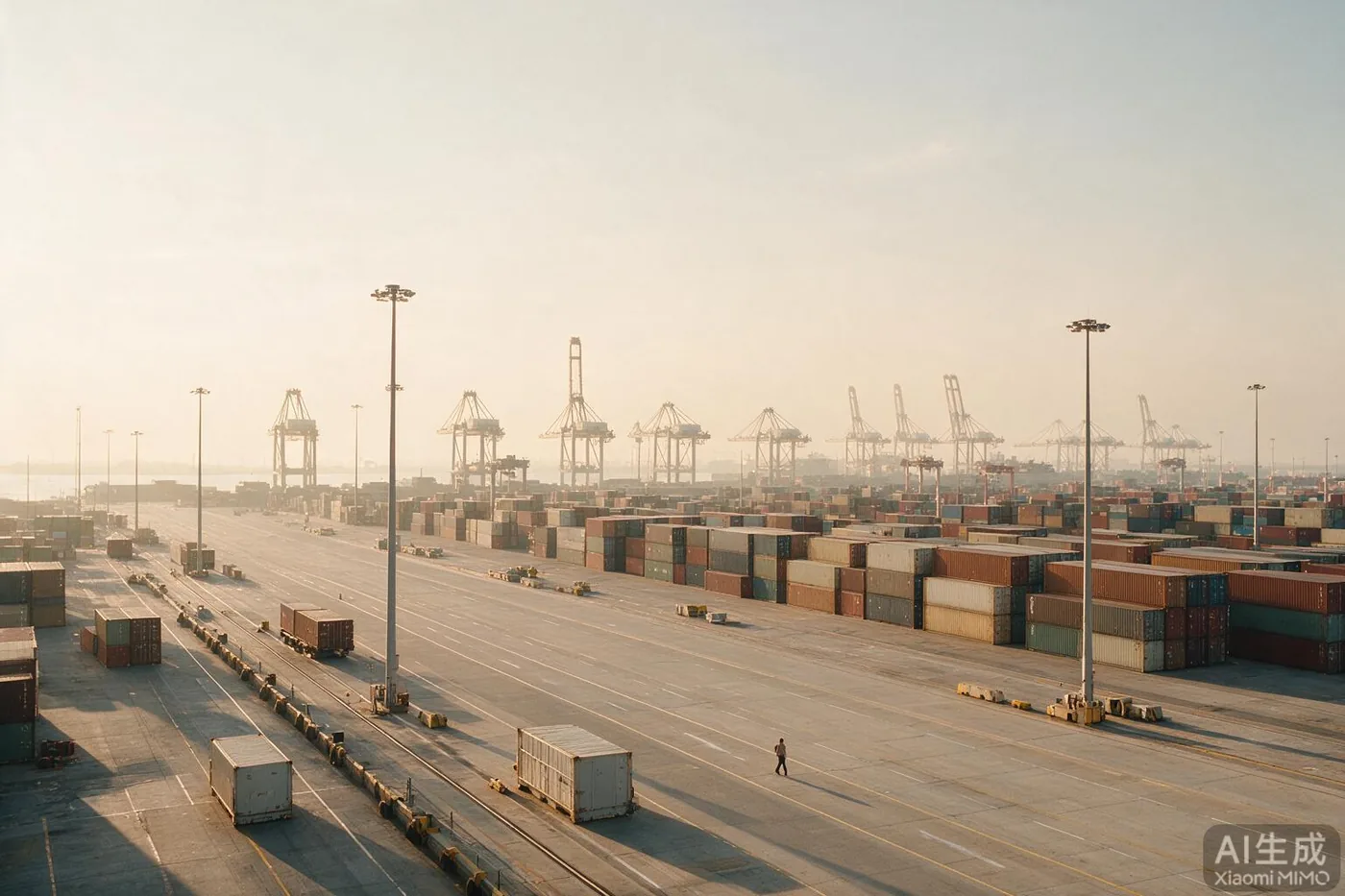 International container port at soft morning light