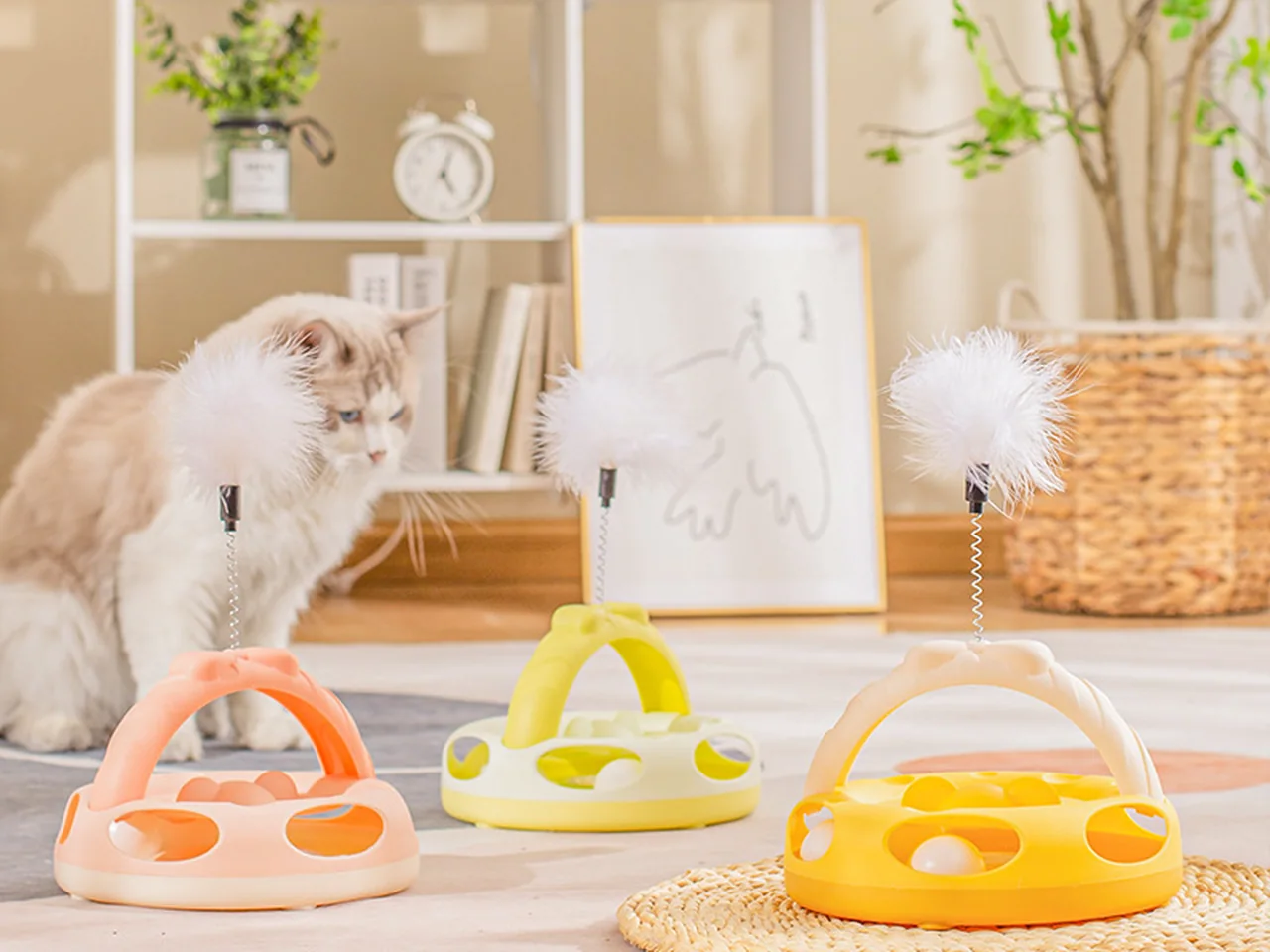 Cat with interactive toys in a warm home setting